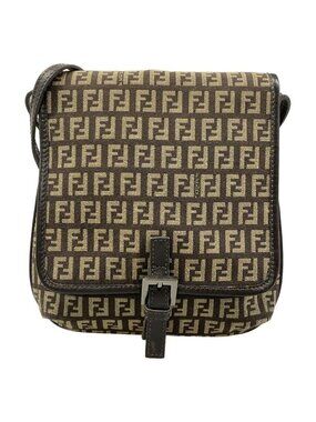 Fendi Shoulder Bag Zucchino Pattern Dark Brown Khaki Leather